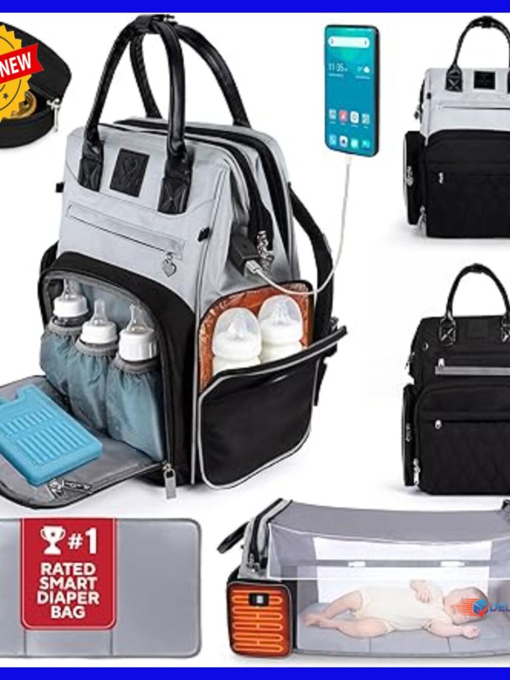 Large Waterproof Diaper Backpack with Changing Station & Bottle Warmers